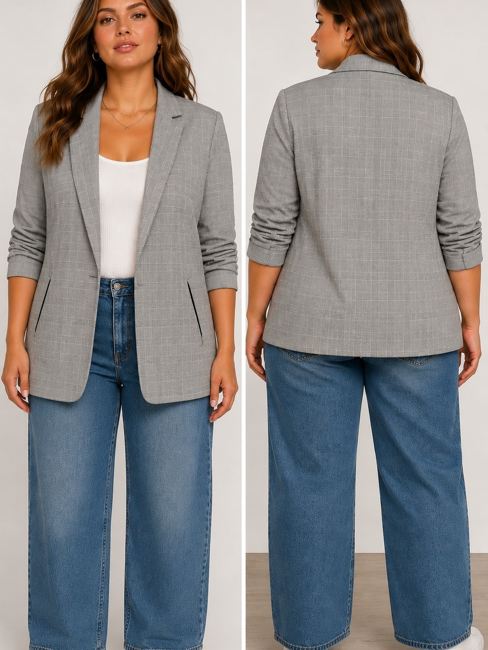 Rachel Zoe Plaid Ruched Sleeve Blazer Jacket Size XL